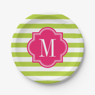 Linggroene strips met warmroze monogram papieren bordje
