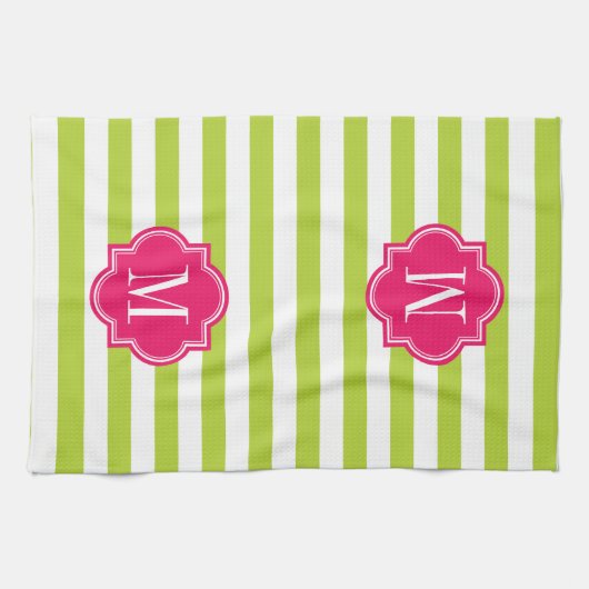 Linggroene strips met warmroze monogram theedoek (Horizontaal)