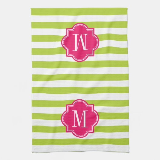 Linggroene strips met warmroze monogram theedoek (Verticaal)