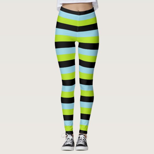 Linggroene, zwarte en pasteelblauwe strepen leggings (Voorkant)