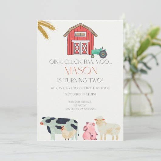Link Cluck Baa Moo Digitale Uitnodiging (Staand voorkant)