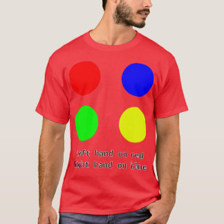 Linkerhand op rood Rechterhand op blauw Twister De T-shirt