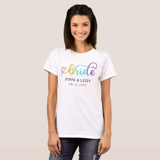 Links Hart Regenboog Bruid LGBT Bruiloft T-shirt (Voorkant volledig)