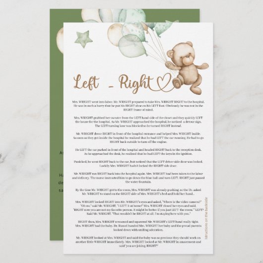 Links Rechts Teddy Bear Baby shower (Voorkant / Achterkant)