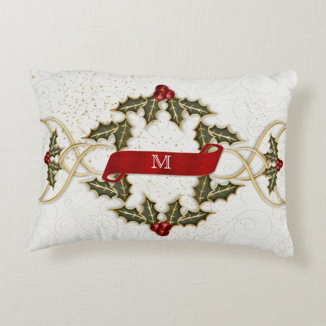 Links van Holly en bessen met Monogram Decoratief Kussen (Achterkant)