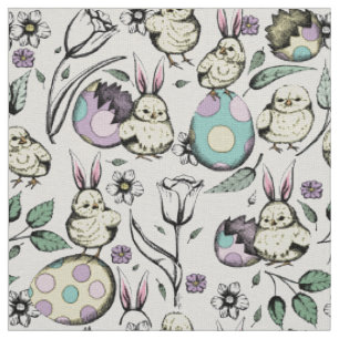 Linnen Baby Chicks, Konijnenoren, Bloemen & Eieren Stof