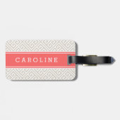 Linnen Beige en Koraal Griekse Key Custom Monogram Bagagelabel (Achterkant horizontaal)