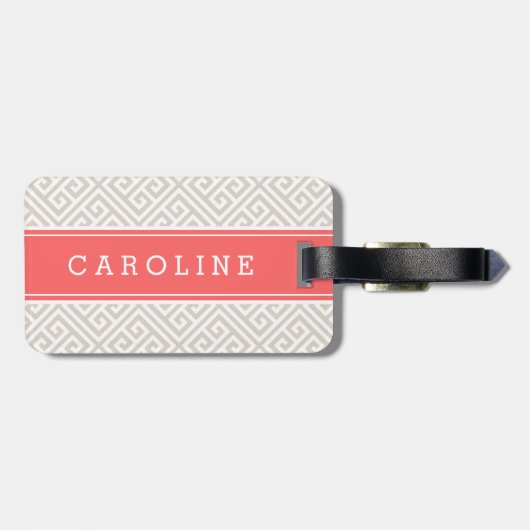 Linnen Beige en Koraal Griekse Key Custom Monogram Bagagelabel (Achterkant horizontaal)
