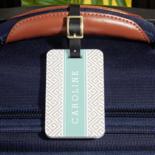 Linnen Beige en Munt Griekse Key Custom Monogram Bagagelabel