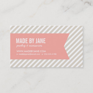 Linnen beige & roze moderne strepen & lint visitekaartje