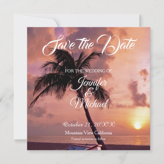Linnen Bewaar de datum Bruiloft Palm Trees Exotisc Save The Date (Voorkant)