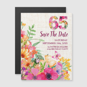 Linnen Bloemen 65e Verjaardag Save the Date Magnetische Uitnodiging