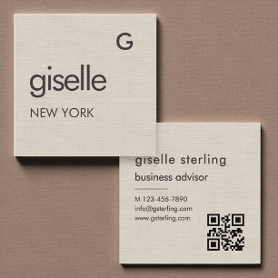 Linnen Monogram QR Code Minimalistisch  Vierkante Visitekaartje