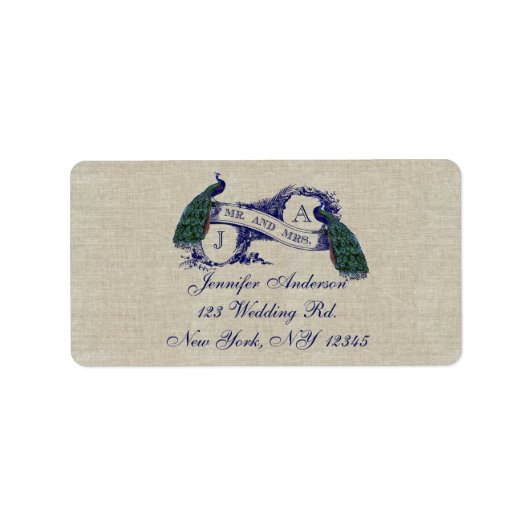 Linnen Peacock rustieke bruiloft RSVP Labels (Voorkant)