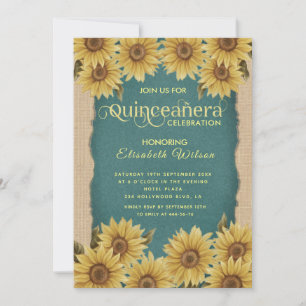 Linnen zonnebloem turquoise Quinceañera Kaart