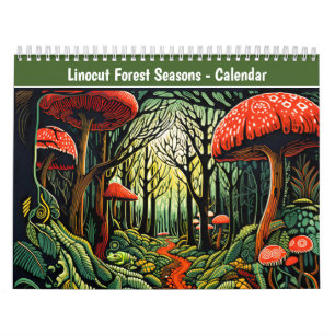 Linocut-bos seizoenenkalender kalender