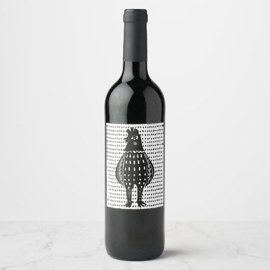 Linocut Chicken Wijn Etiket (Voorkant)