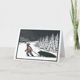 Linocut: Jongen trekt kerstboom uit bos b Feestdagen Kaart