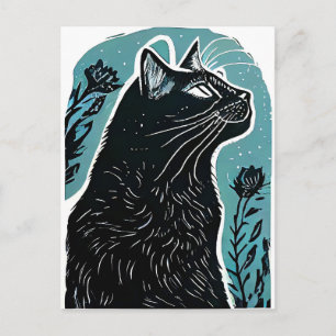 Linocut Portret van een kat in profiel Briefkaart