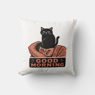 Linocut Sarcasische Zwarte Kat Goedemorgen Meme Kussen