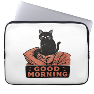 Linocut Sarcasische Zwarte Kat Goedemorgen Meme Laptop Sleeve