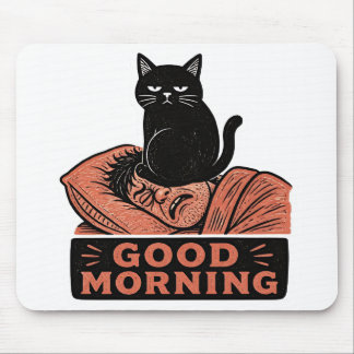 Linocut Sarcasische Zwarte Kat Goedemorgen Meme Muismat
