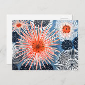 Linocut van verschillende Zee Urchins op een blauw Briefkaart (Voorkant / Achterkant)