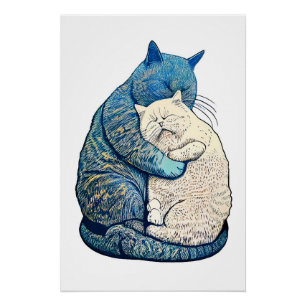Linocut witte en zwarte kat slapen samen perfect poster