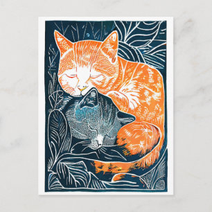 Linocut Zwarte en Rode Kat Knuffelen in een Struik Briefkaart