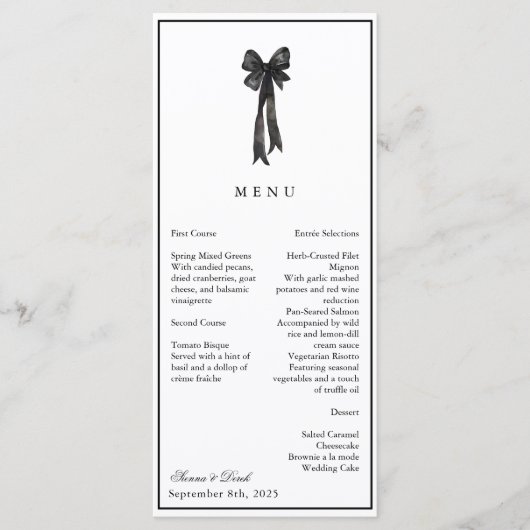 Lint Bow Elegantie Zwart-wit Bruiloft Menu (Voorkant)