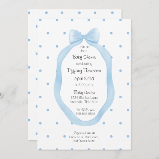 Lint Ingelijste Blauw en Witte Bow Polka Dots Kaart (Voorkant / Achterkant)