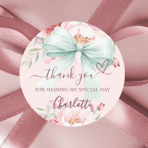 Lint roze salie groene bloemen hart dank je ronde sticker