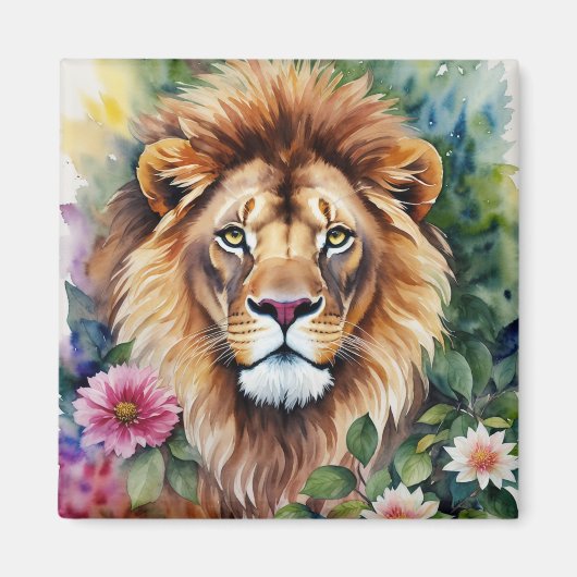 Lion Art Floral Waterverf Magnet Magneet (Voorkant)