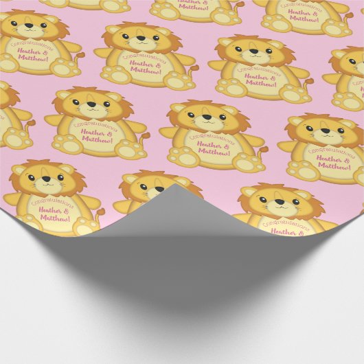 Lion Baby shower Roze Cadeaupapier (Hoek)
