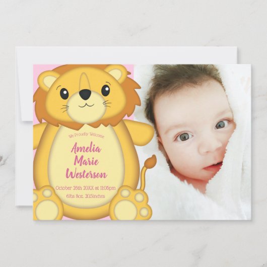 Lion Baby shower Roze Kaart (Voorkant)