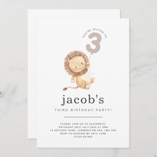 Lion Balloon 3rd Birthday Uitnodiging (Voorkant / Achterkant)