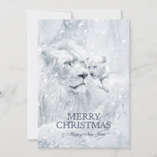 Lion blanc père et fils sur neige - Carte de Noël (Devant)