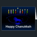 Lion bleu Menorah<br><div class="desc">Une menorah de Chanukkah bleu sur le thème du lion avec des bougies éclairées. Ajoutez votre propre texte.</div>
