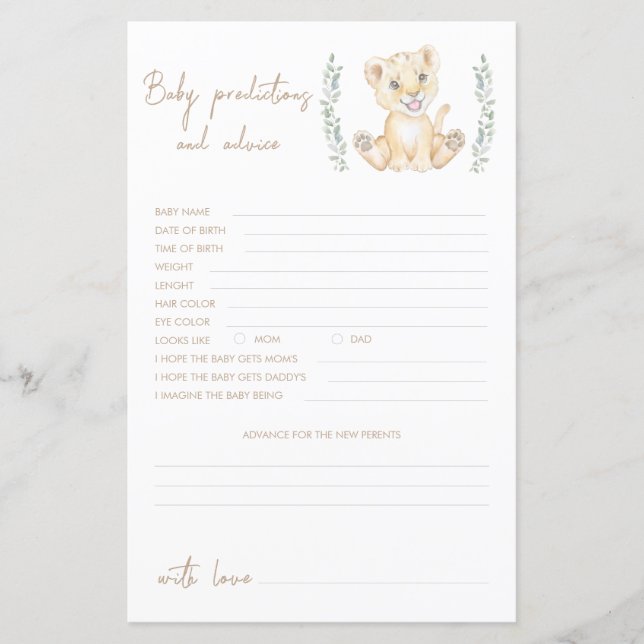 Lion Boy Baby shower Prédictions Et Carte De Conse (Devant)