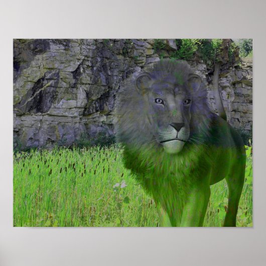 Lion Cattails Stone Wall Imaginaire Art Poster (Devant)