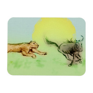 Lion Chasing Buffalo in Wilde Foto Magnet Magneet
