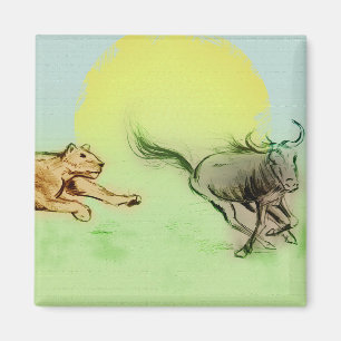Lion Chasing Buffalo in Wilde Square Magnet Magneet