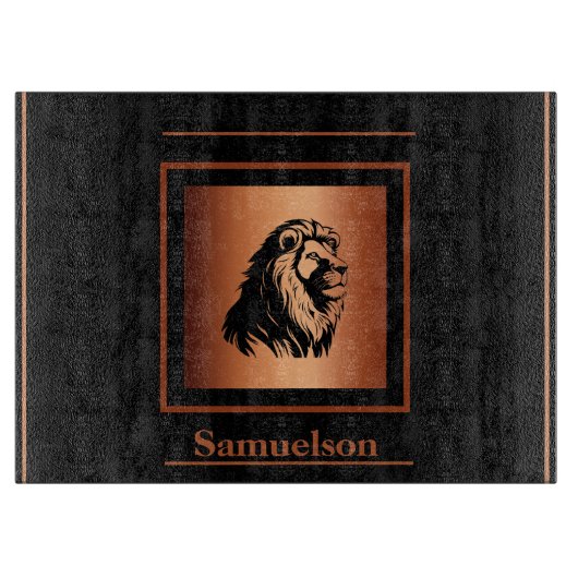 Lion Copper-Embellished Personalized Glass Snijplank (Voorkant)