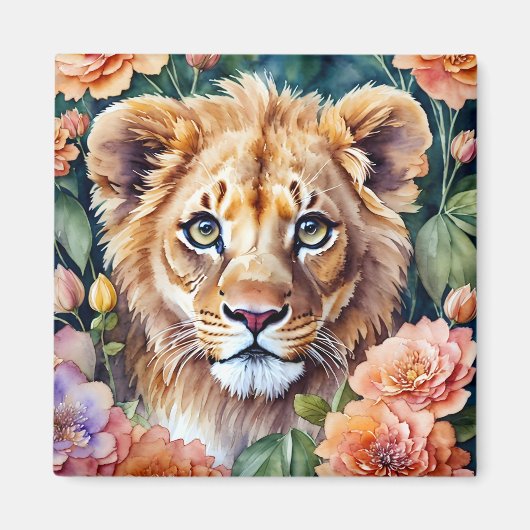 Lion Cub Bloemen Waterverf Kunst Magneet (Voorkant)