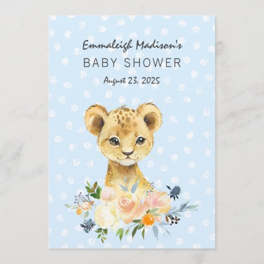Lion Cub bloemenblauwe wensen voor Baby shower spe Programma (Achterkant)