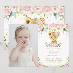 Lion Cub Blush Pink Floral Birthday Foto Kaart