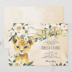 Lion cub floral neutrale baby shower-uitnodiging kaart