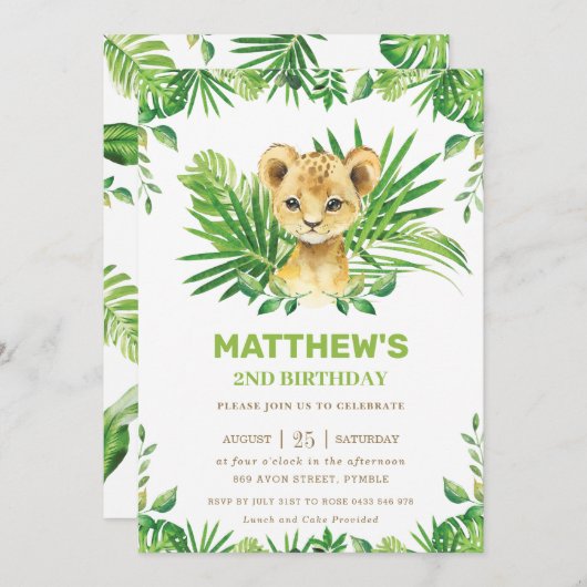 Lion Cub Oerwoud Tropical Greenery Verjaardagsfees Kaart (Voorkant / Achterkant)