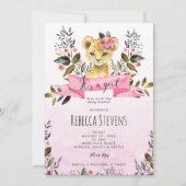 lion cub rose floral fille baby shower invitation (Devant)