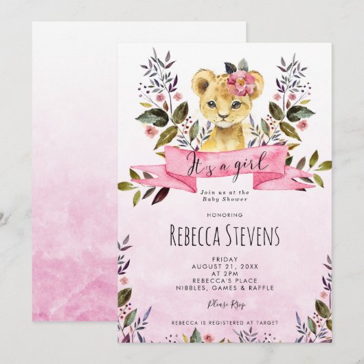lion cub rose floral fille baby shower invitation (Devant / Derrière)